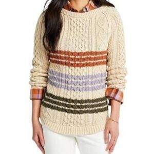 LL BEAN SIGNATURE Cotton Fisherman Tunic Cable-Knit Sweater Beige Stripe Size L